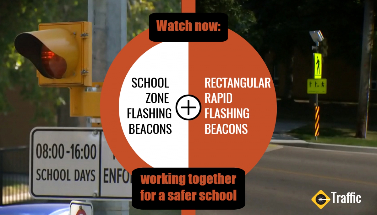 Graphic showing School zone flashing beacons and rectangular rapid flashing beacons. Text saying Working together for a safer school