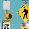 Selection of traffic flashing lights above stop signs, school speed limit signs and crosswalks.