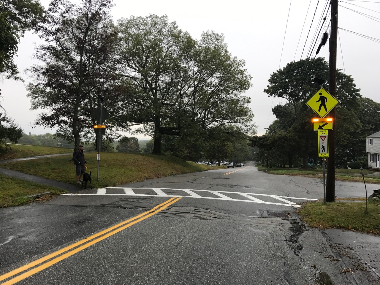 Westborough, MA, RRFB installation at a challenging crosswalk