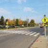 Midblock crosswalk in Buffalo, New York equipped with solar-powered rectangular rapid flashing beacons