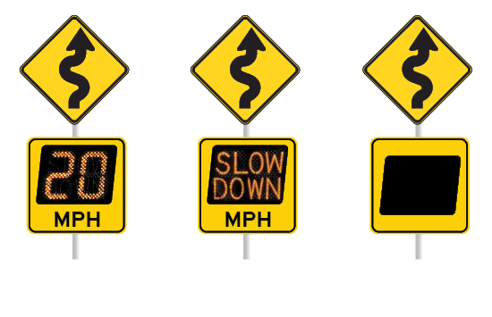 3 roadway signs display digital advisory messages: 20 MPH, blank and "Slow Down"