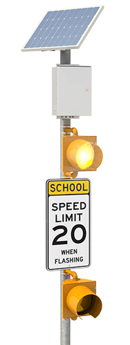 school zone speed limit sign with solar-powered flashing beacons