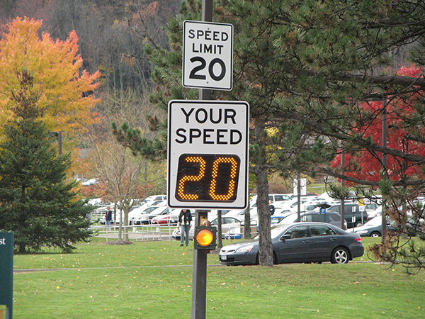 University campus Radar Speed Signs with flashing beacon