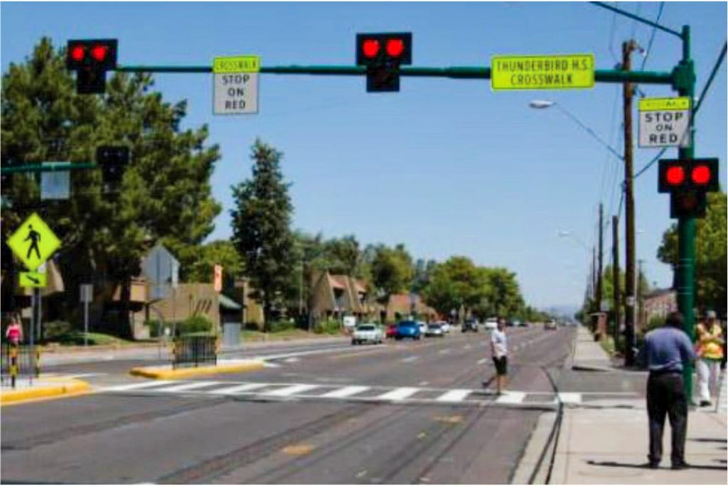 example of a pedestrian hybrid beacon (PHB) at a crosswalk