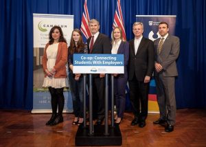 Six business people standing behind a podium that reads Co-op: Connecting Students with Employers