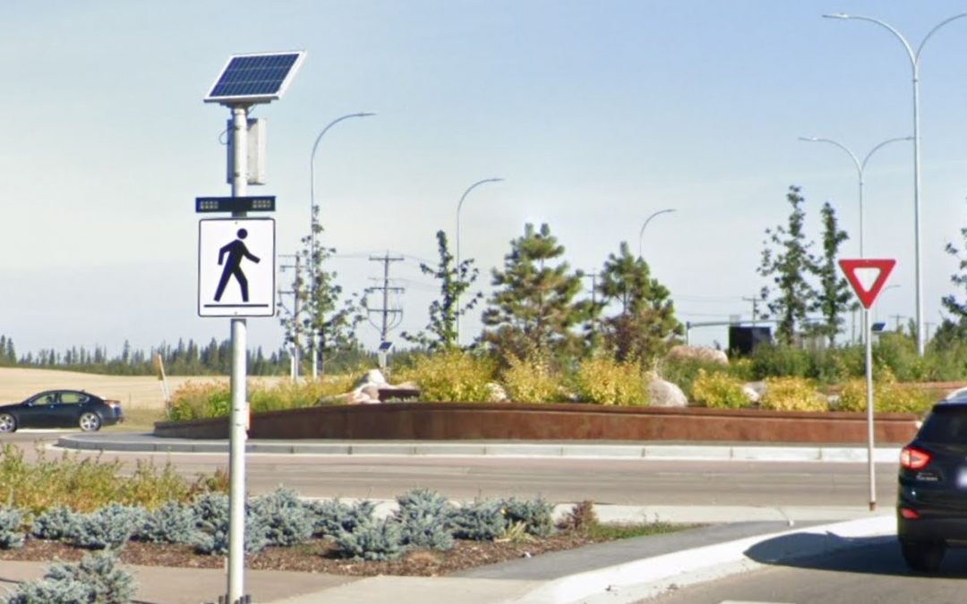 Flashing beacons bring pedestrian safety to roundabouts in Red Deer, Canada