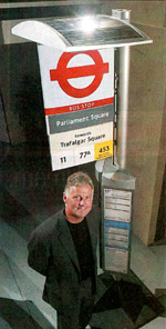 Carmanah Technologies Inc. CEO Art Aylesworth with a demonstration mock-up of a solar-powered bus shelter